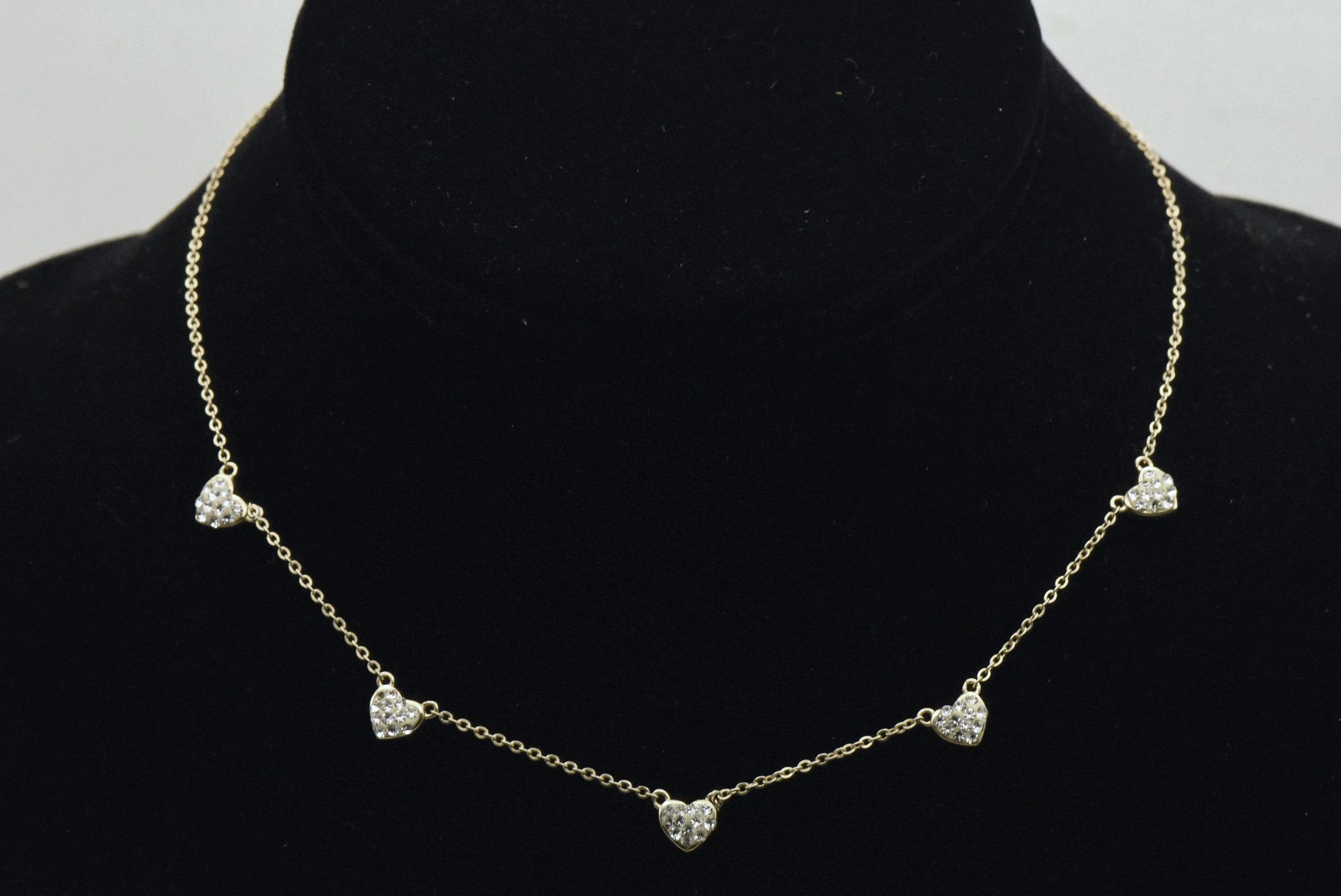 Vintage Sterling Silver and Rhinestones Hearts Chain Necklace