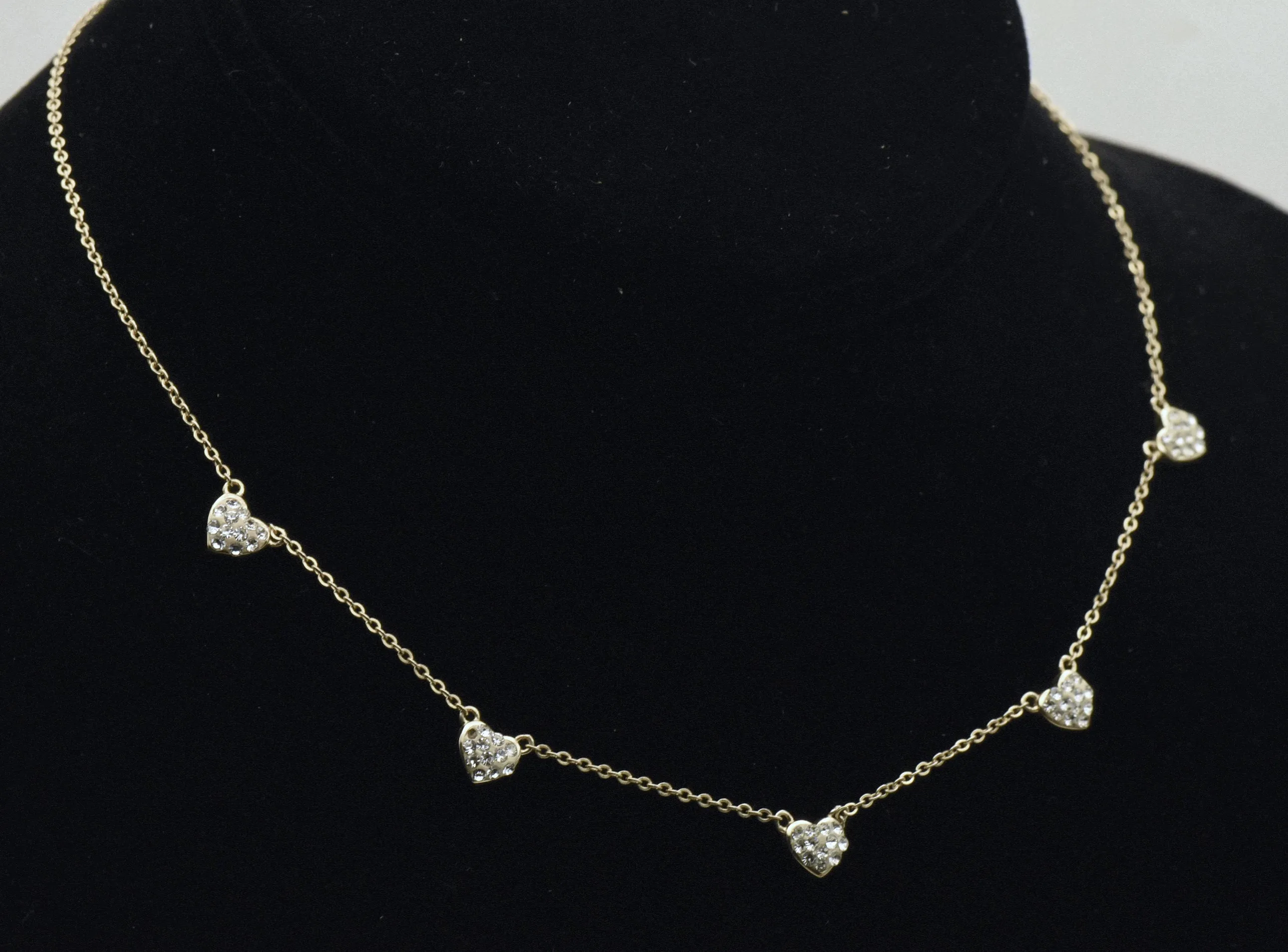 Vintage Sterling Silver and Rhinestones Hearts Chain Necklace