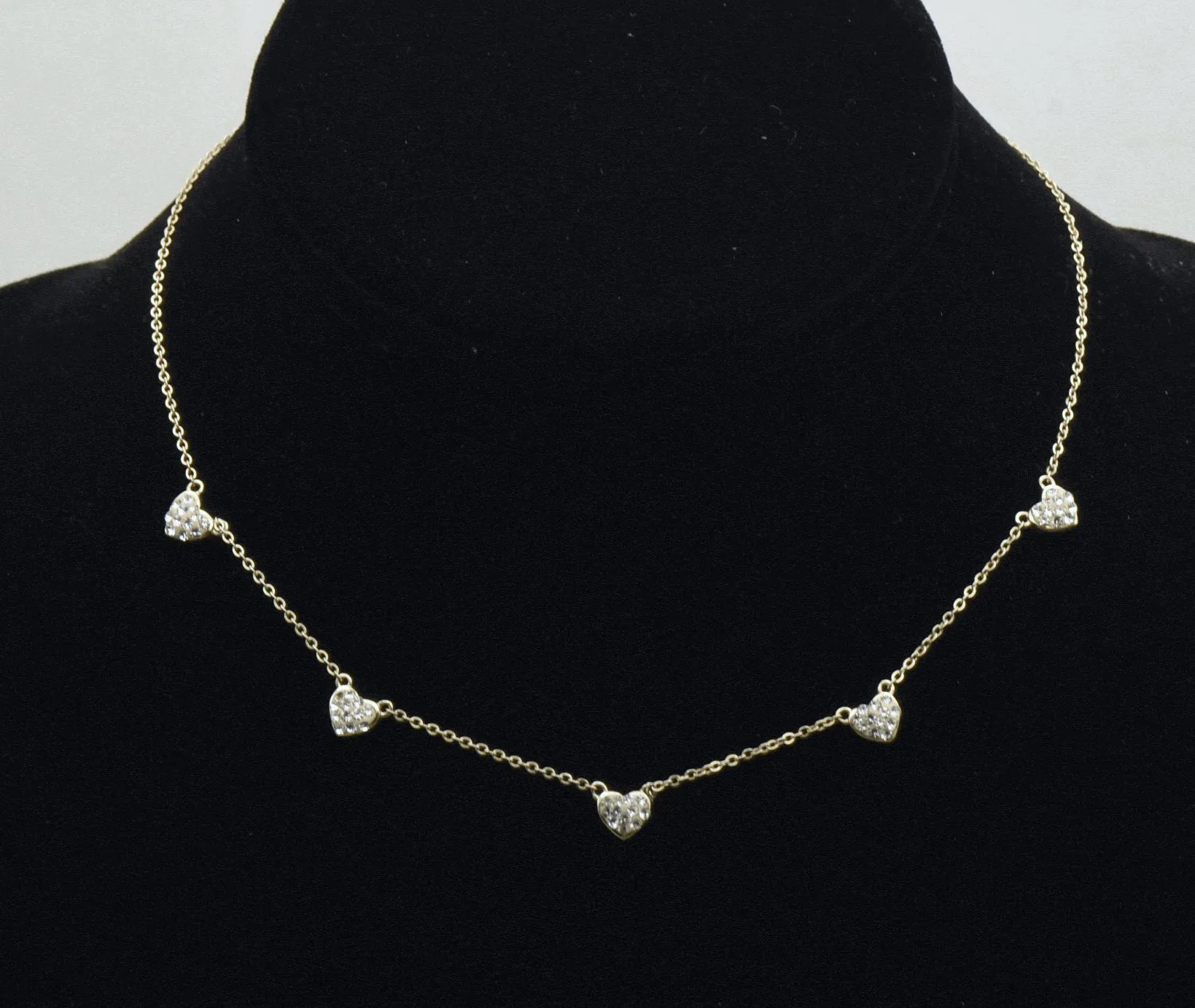 Vintage Sterling Silver and Rhinestones Hearts Chain Necklace