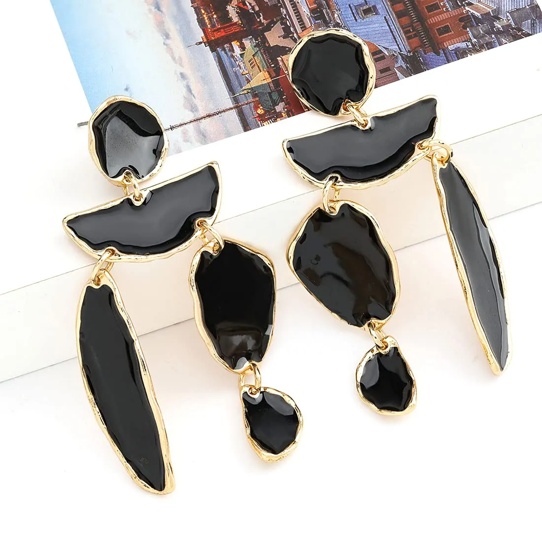 Yellow Chimes Black Earrings for Women Gold Plated Geometric Shape Danglers Earrings for Women and Girls